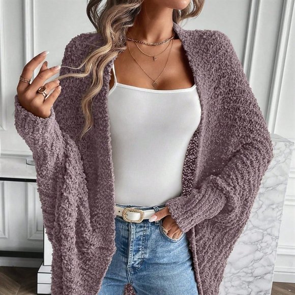 Purple Casual Womens Batwing Sleeve Open Front Cardigan - Picture 3 of 5